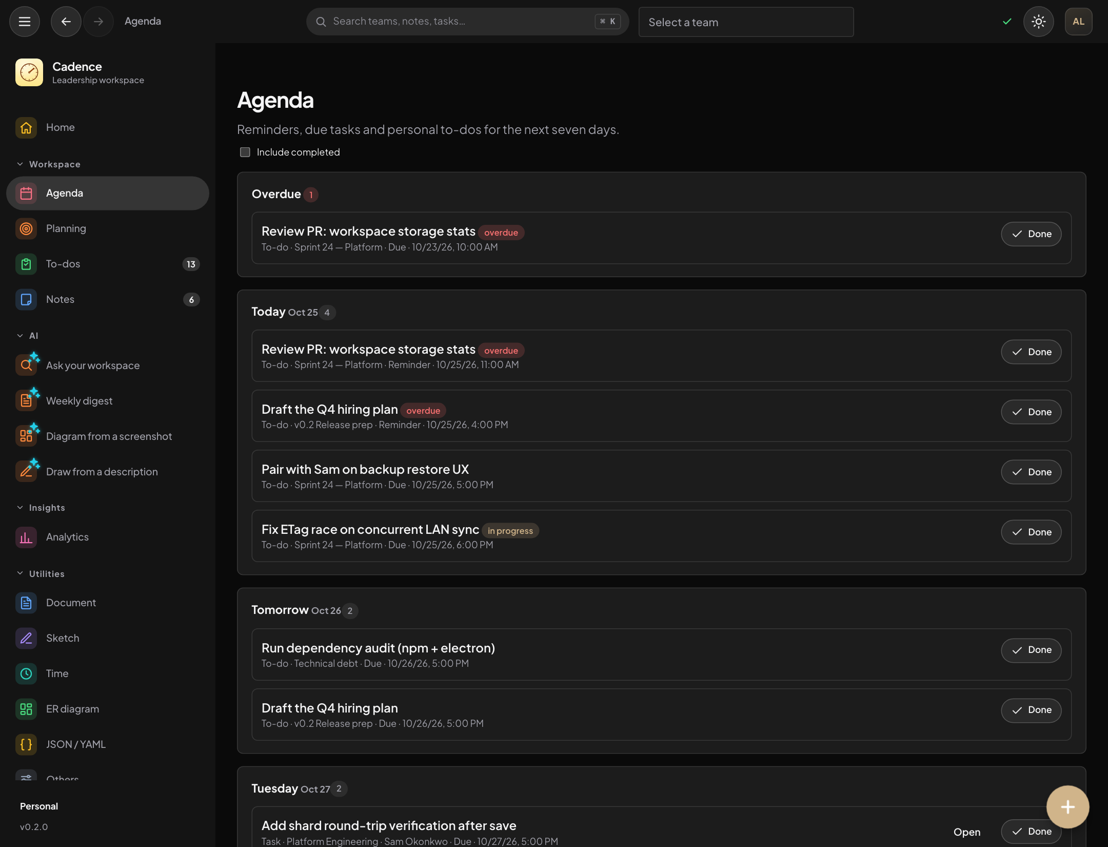 Cadence agenda with overdue, today and upcoming tasks