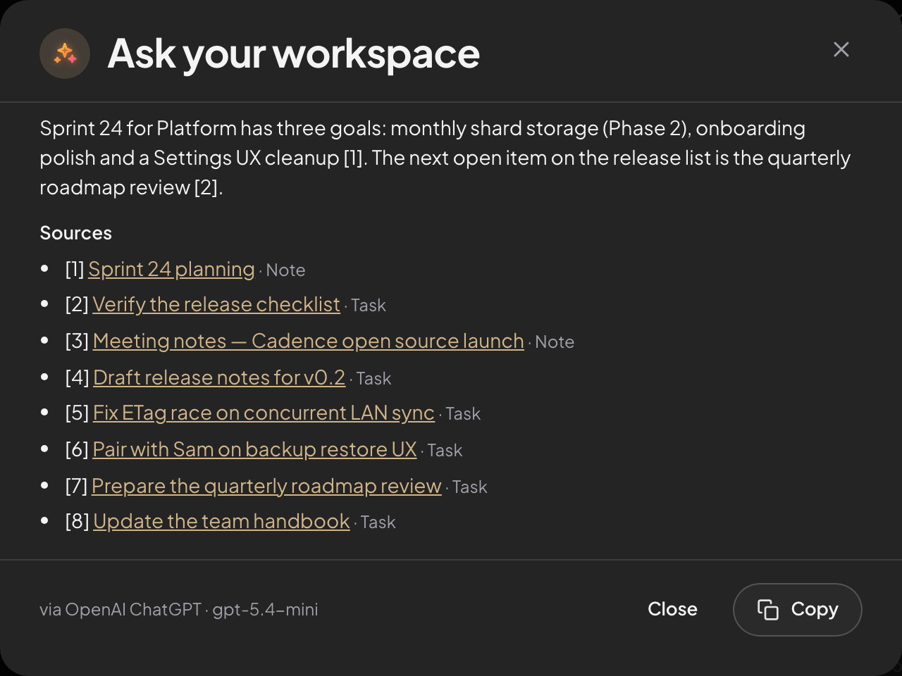 Ask your workspace: an answer with numbered citations to notes and tasks