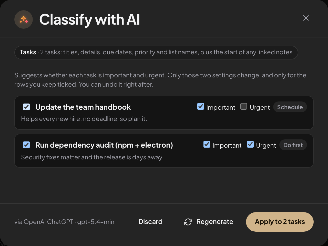 Classify with AI on the Planning matrix: suggestions with a reason for each task