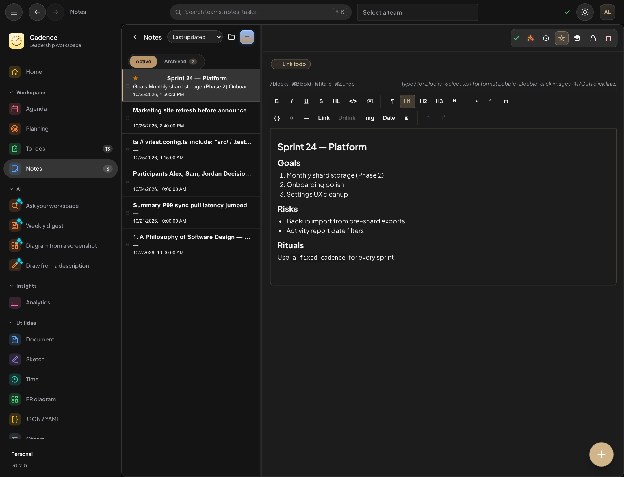 Cadence notes view with resizable sidebar and markdown preview