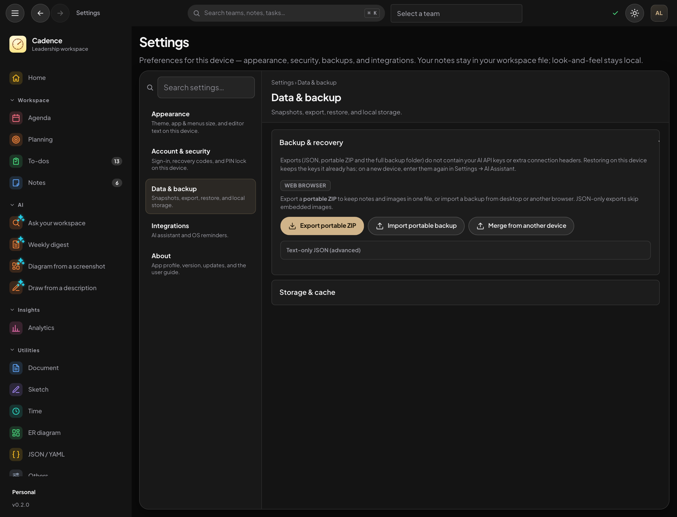 Cadence Settings with account security, backup and recovery codes
