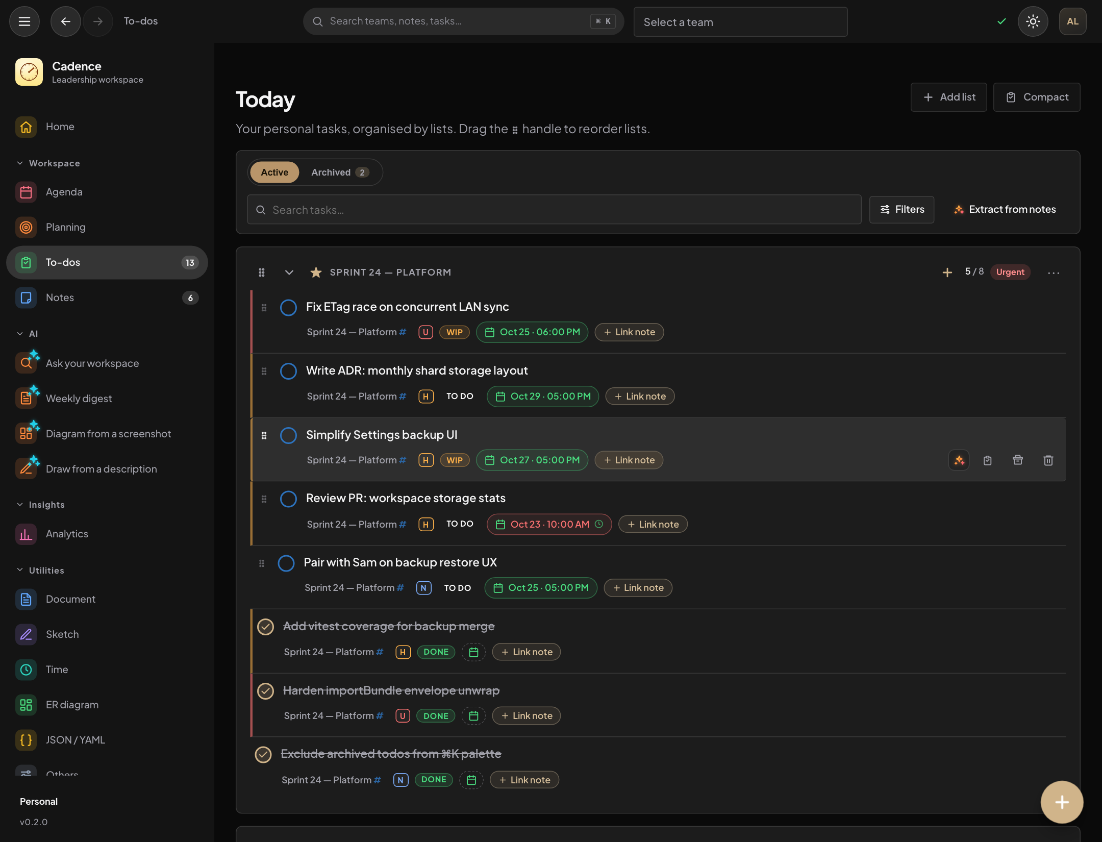 Cadence to-dos view with priority groups, status filters and optional Markdown details per task